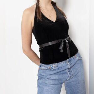 Xscape Black Halter Top Size 10 Satin Tie Waist Backless Evening Party Blouse